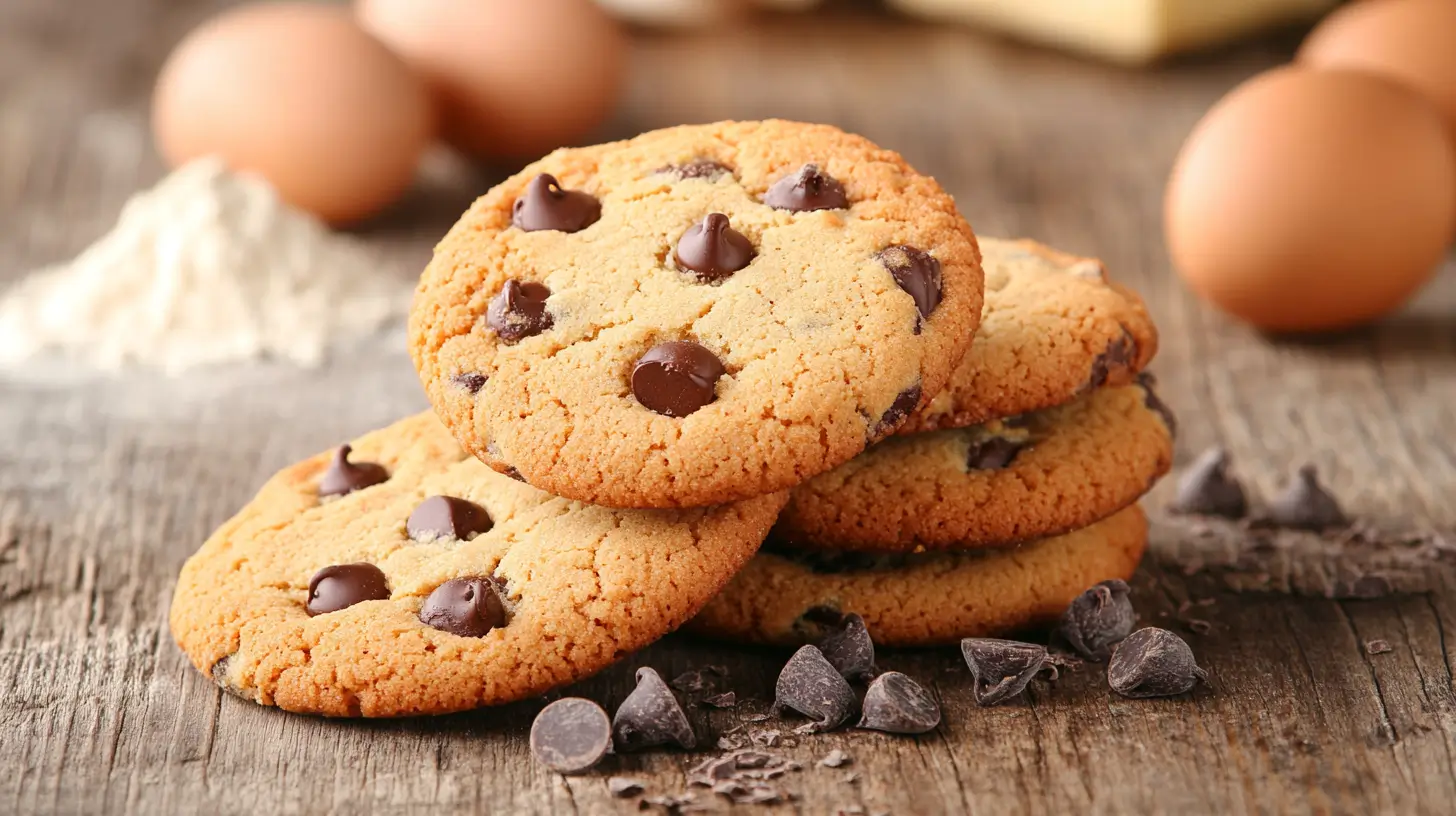 Freshly baked golden-brown cookies with chocolate chips on a wooden table, surrounded by raw baking ingredients.