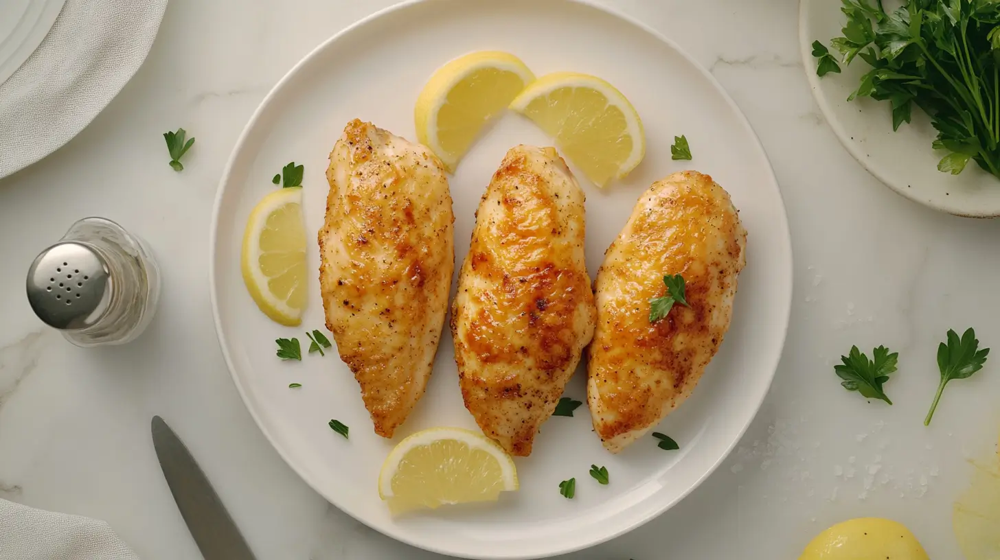 Golden cooked chicken breasts on a white plate with parsley and lemon slices, set on a modern white marble counter