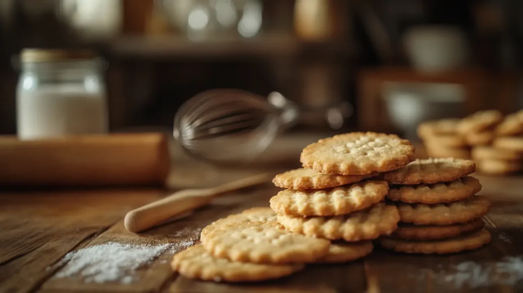 Flat, golden-brown cookies arranged on a wooden table with baking tools in a rustic kitchen setting