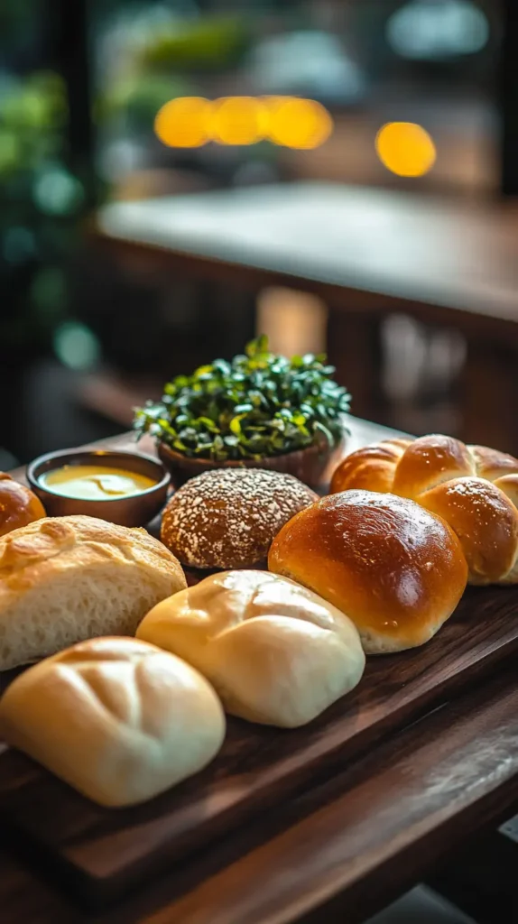 A variety of gourmet buns for Sloppy Joes on a wooden board with a butter brush