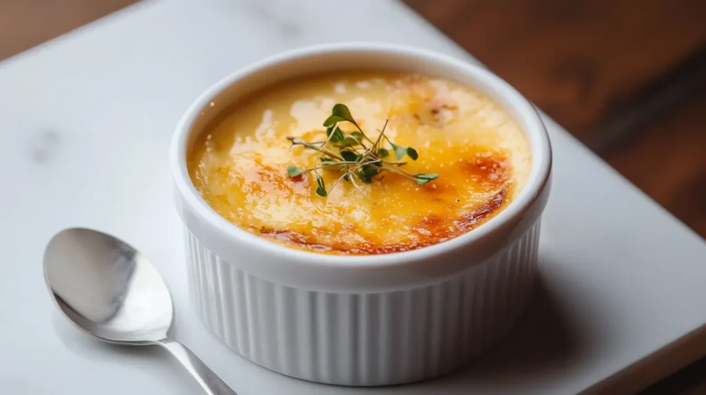 Gourmet crab brulee in a white ramekin with golden crust and garnish