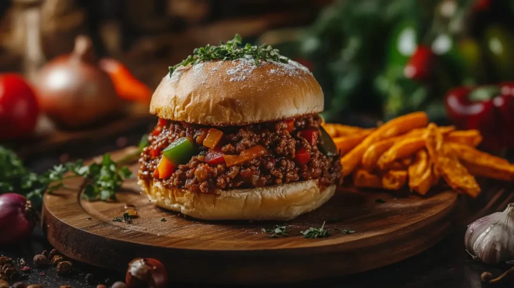 Gourmet Sloppy Joe with brioche buns, fresh herbs, and sweet potato fries