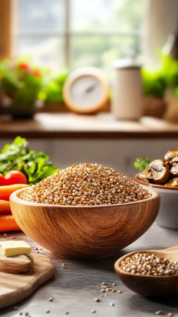 Buckwheat and kasha with symbols of heart health and energy