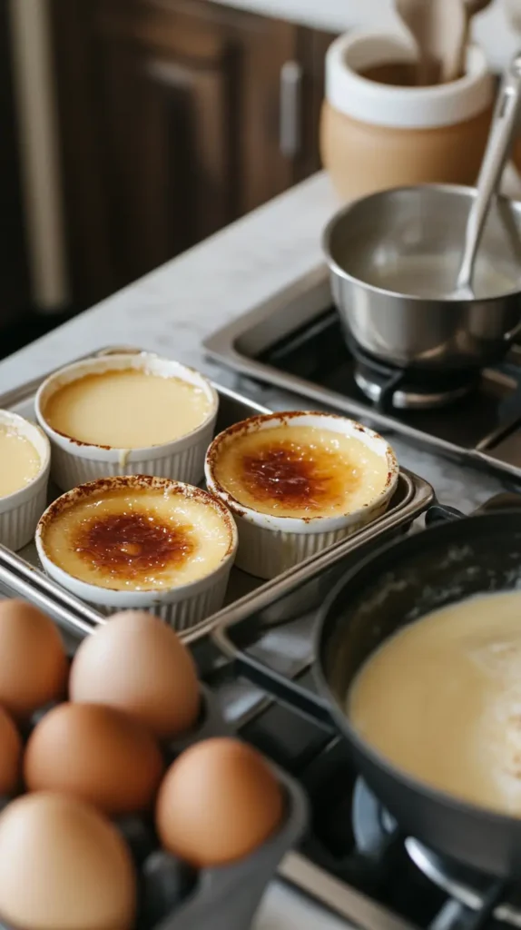 Side-by-side view of crème brûlée baking in a water bath and custard cooking on the stovetop