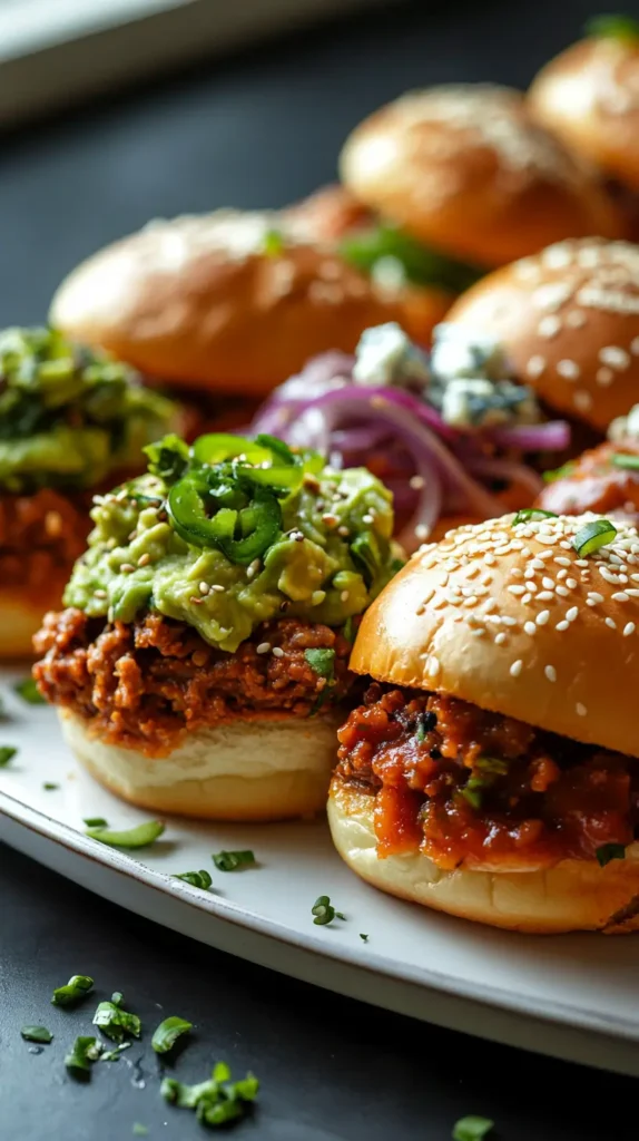 Internationally inspired Sloppy Joes with Mexican, Asian, and gourmet flavors on a serving platter