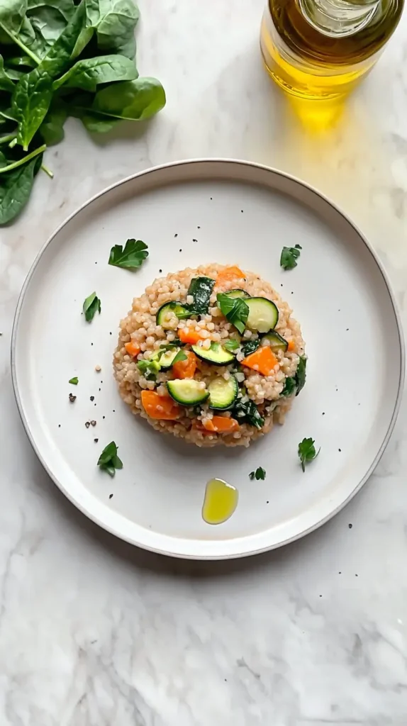 A low-carb meal featuring kasha with sautéed vegetables on a white plate