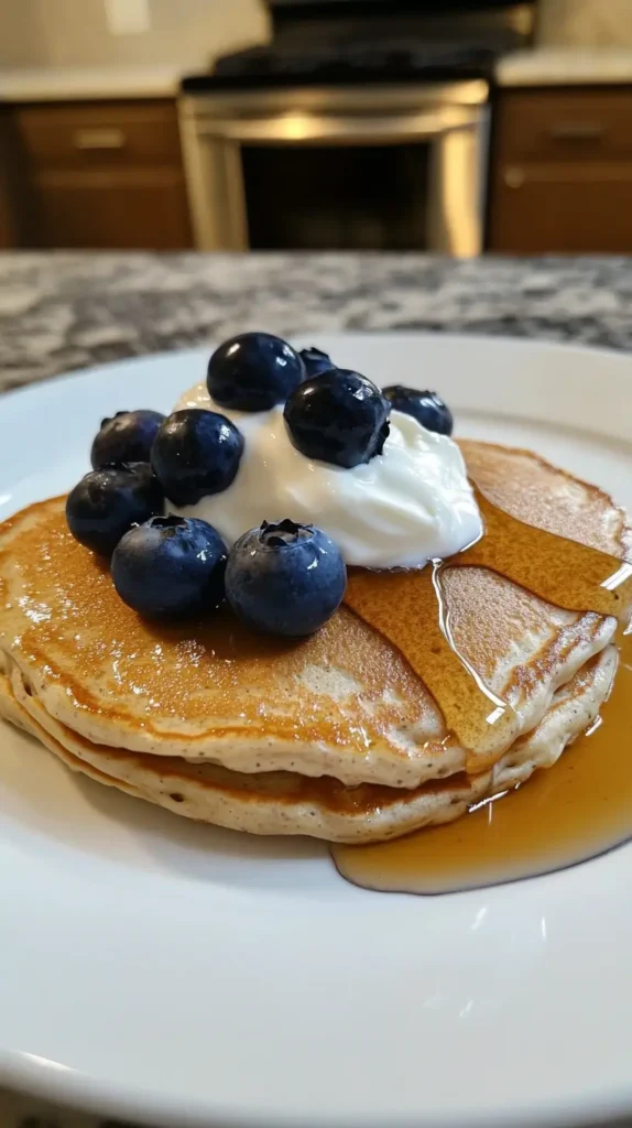 Keto-friendly buckwheat pancakes with yogurt and blueberries