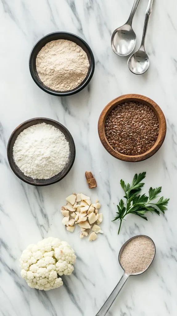 Keto-friendly ingredients for low-carb kasha on a kitchen countertop