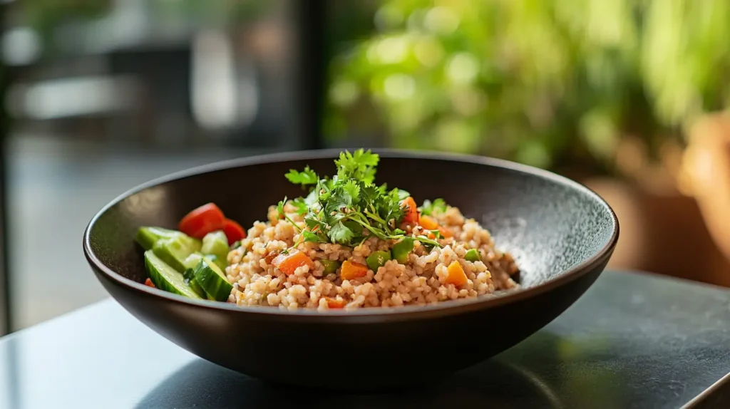 A bowl of low-carb kasha made with cauliflower rice and fresh garnishes on a table