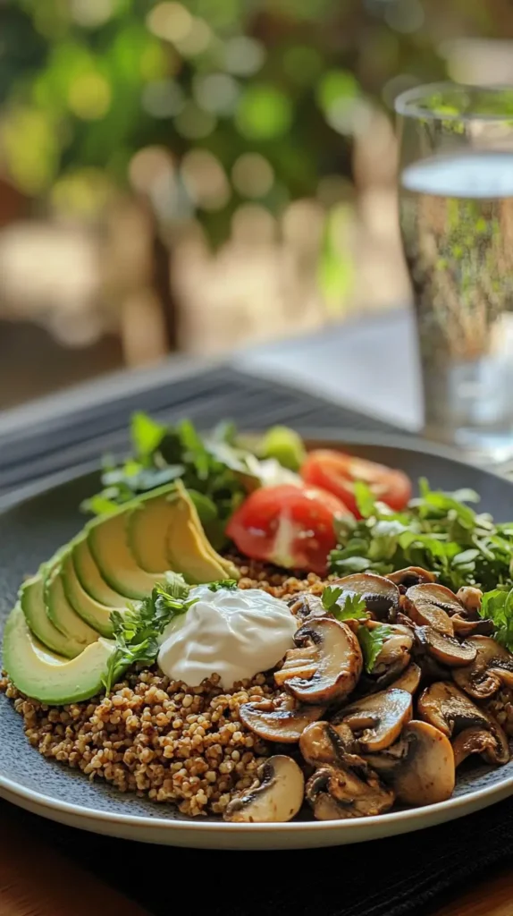 Plated low-carb kasha with keto-friendly toppings and a side salad