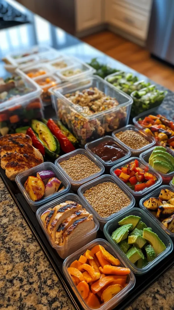 Meal prep containers with buckwheat, vegetables, and protein for low carb diets