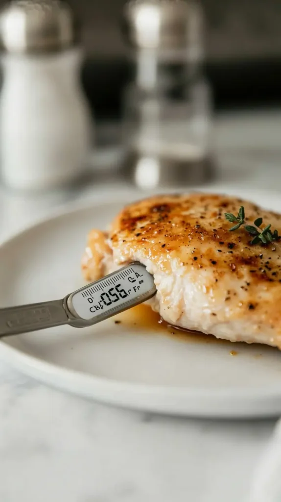 Meat thermometer reading 165°F in a cooked chicken breast on a white plate, placed on a white marble countertop