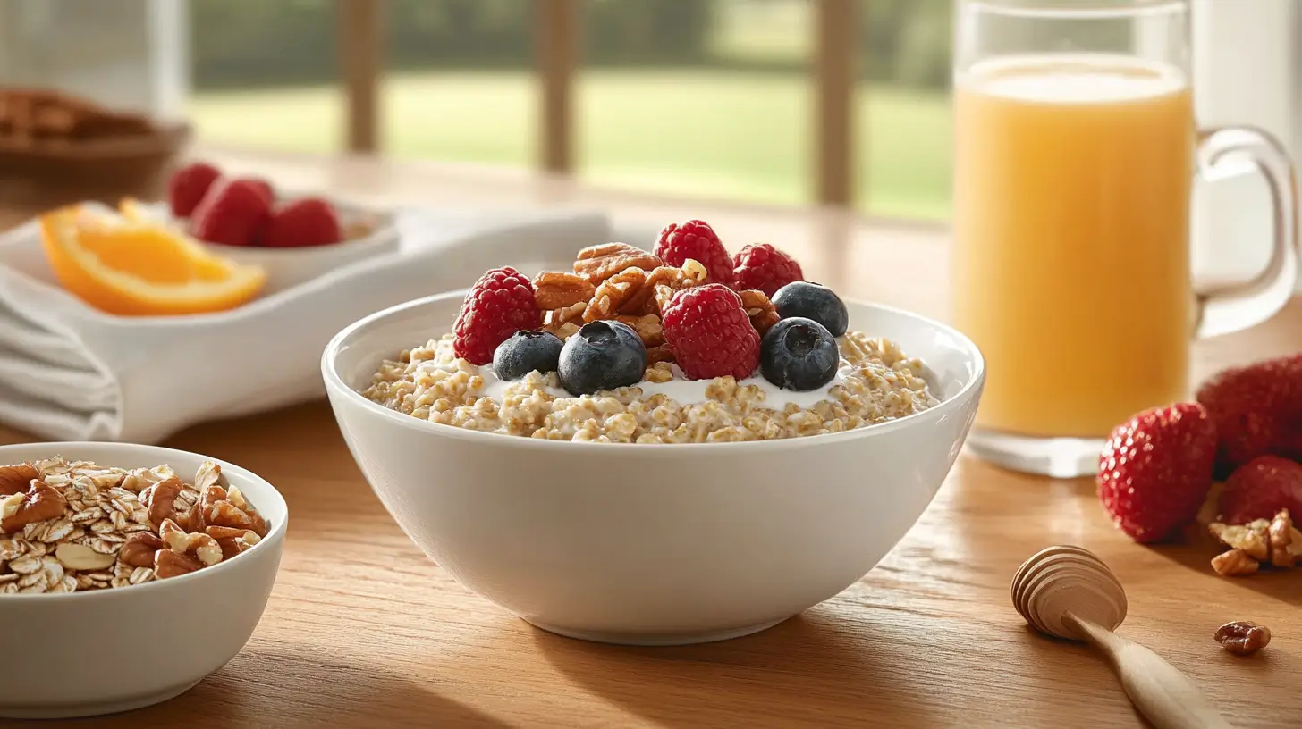 A breakfast table with oatmeal and buckwheat dishes, berries, and nuts