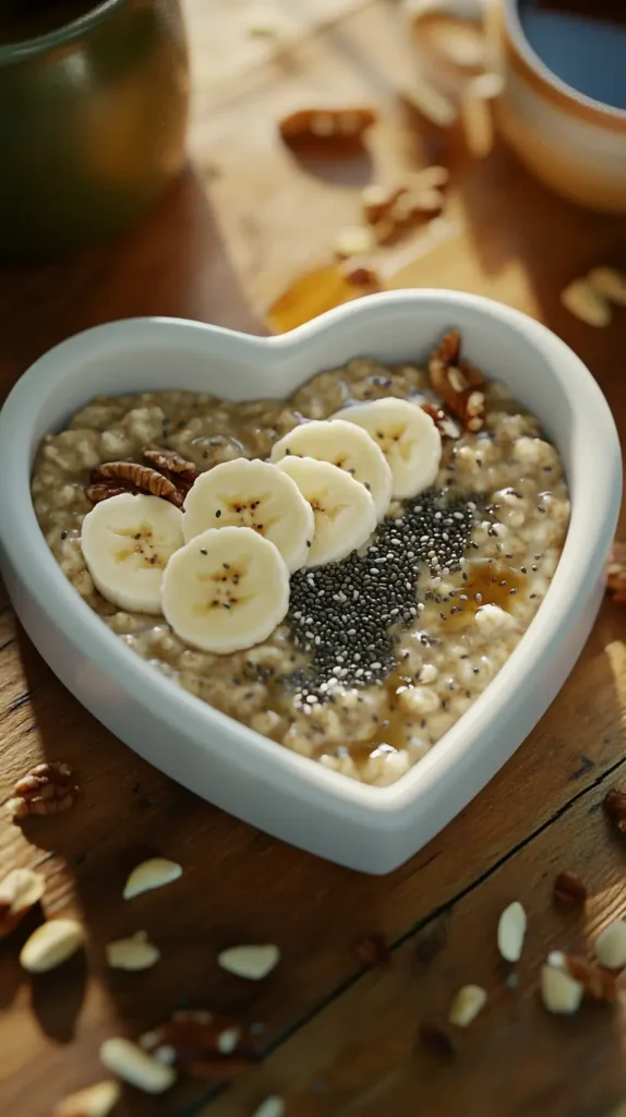 Heart-shaped bowl of oatmeal with banana slices and chia seeds