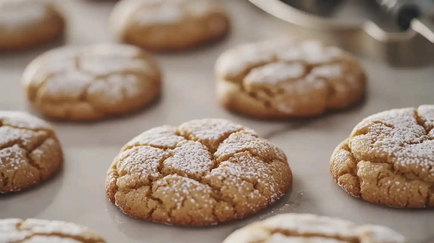 Close-up of cookies with crackled tops on a marble surface