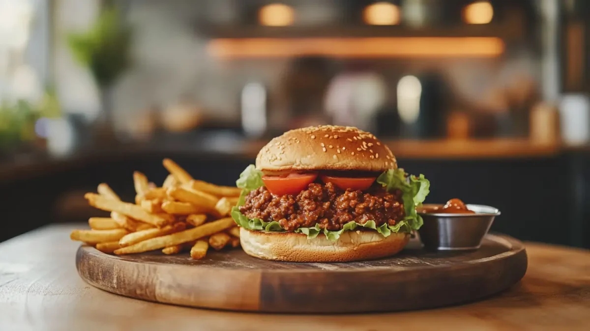 A close-up of a freshly made Sloppy Joe sandwich with fries and fresh vegetables