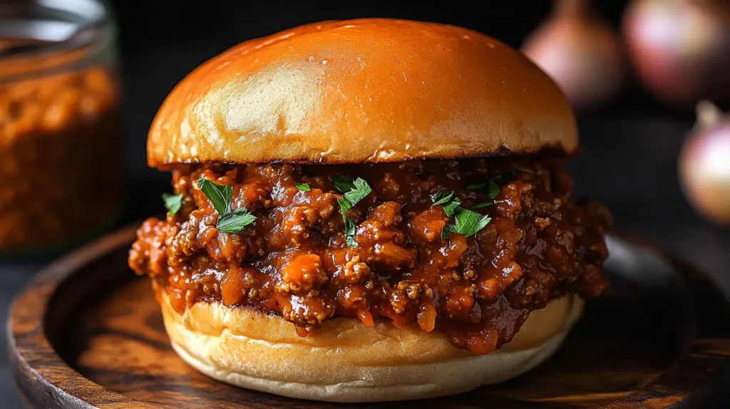 A thick and hearty Sloppy Joe sandwich with fresh garnish on a wooden plate