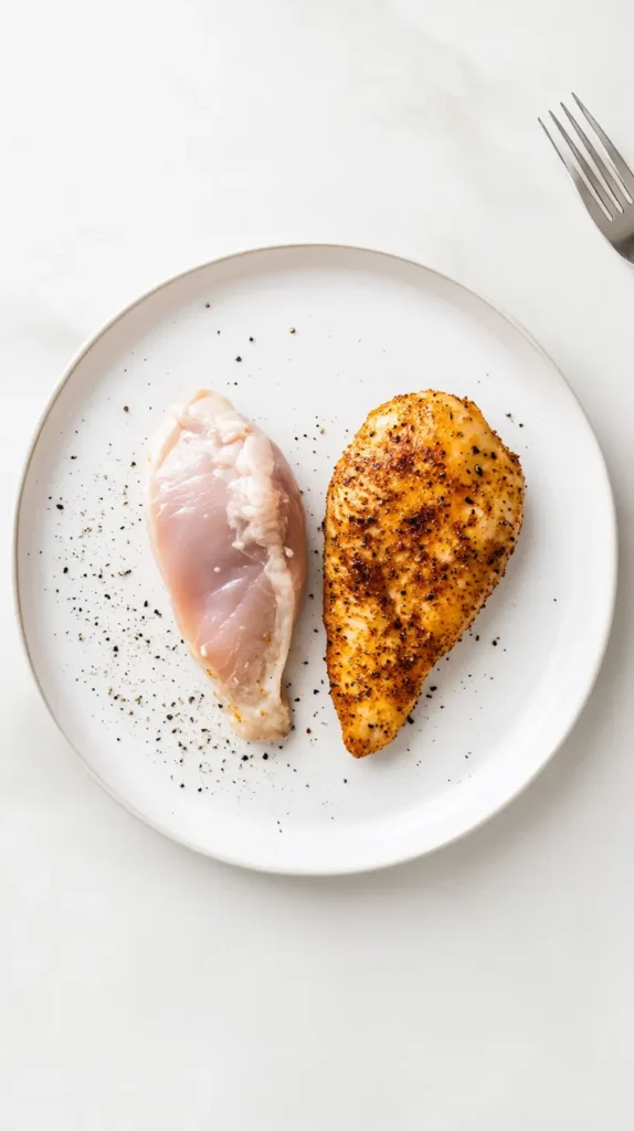 Side-by-side view of a raw pink chicken breast and a golden cooked chicken breast on a white ceramic plate on a marble countertop