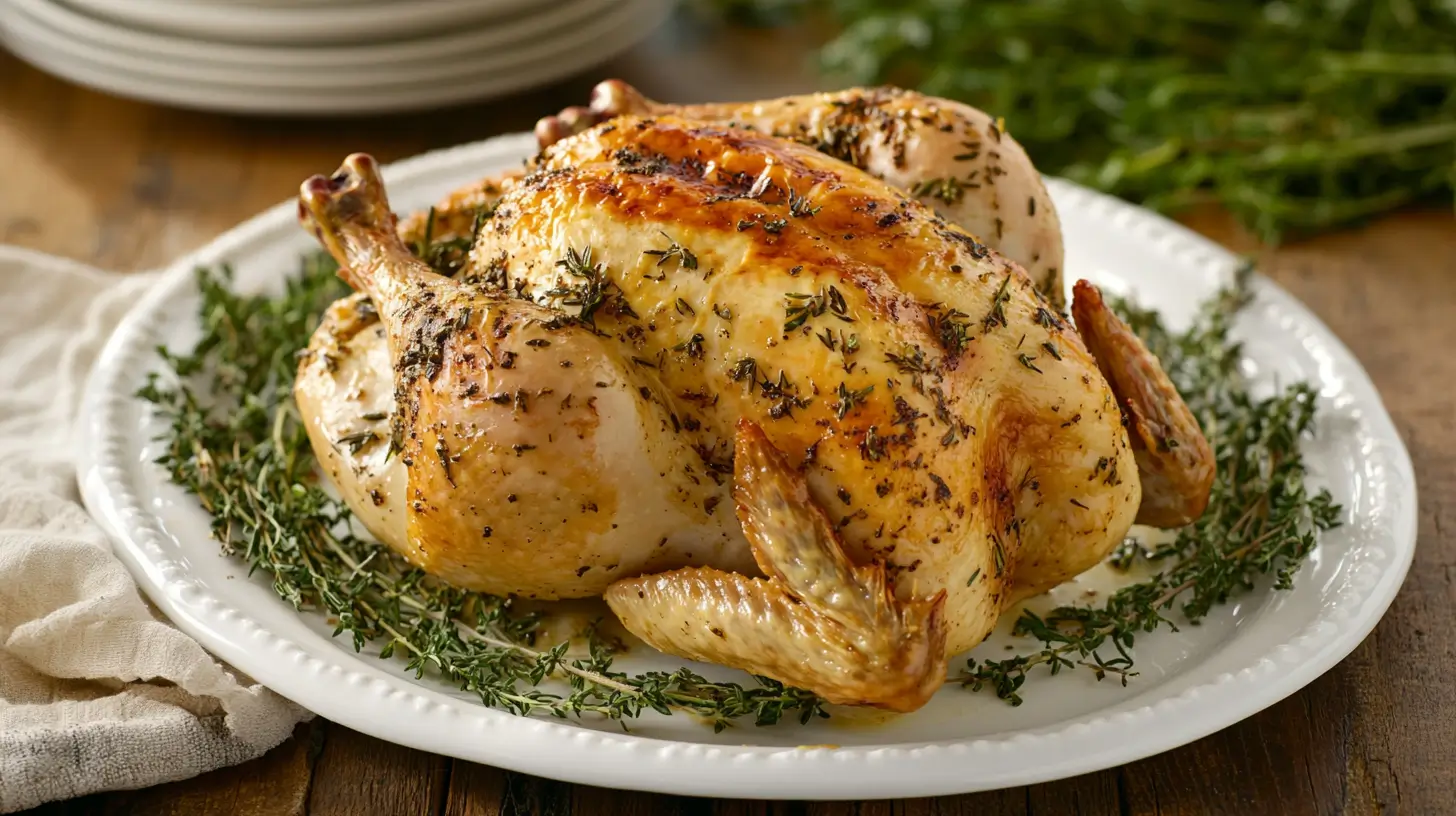 Golden roasted whole chicken with fresh herbs on a white platter