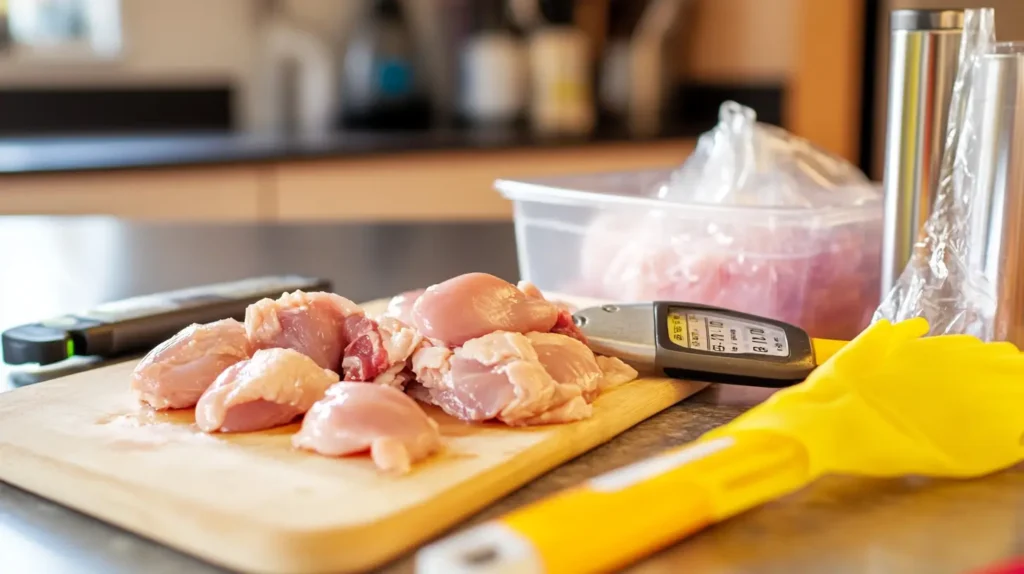 Tools for safely defrosting frozen chicken on a kitchen counter