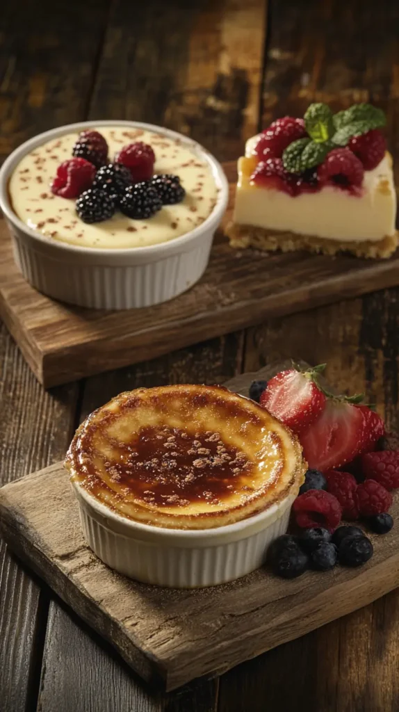 Crème brûlée with berries and custard drizzled over cake, served with fruit