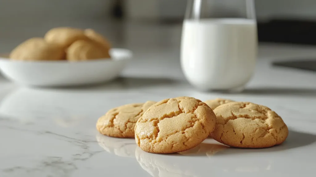 Soft and chewy cookies with golden-brown edges on a white marble countertop