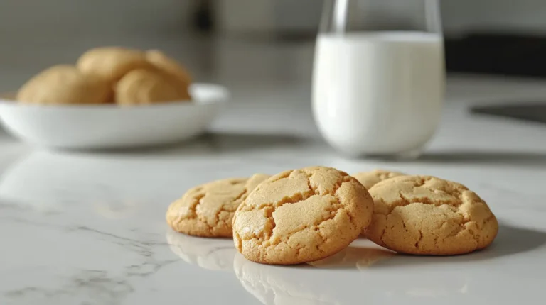Soft and chewy cookies with golden-brown edges on a white marble countertop