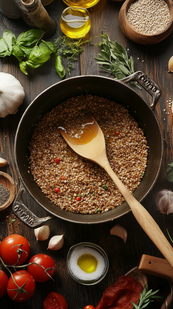 Steaming buckwheat groats in a pot being stirred with a wooden spoon, surrounded by fresh ingredients