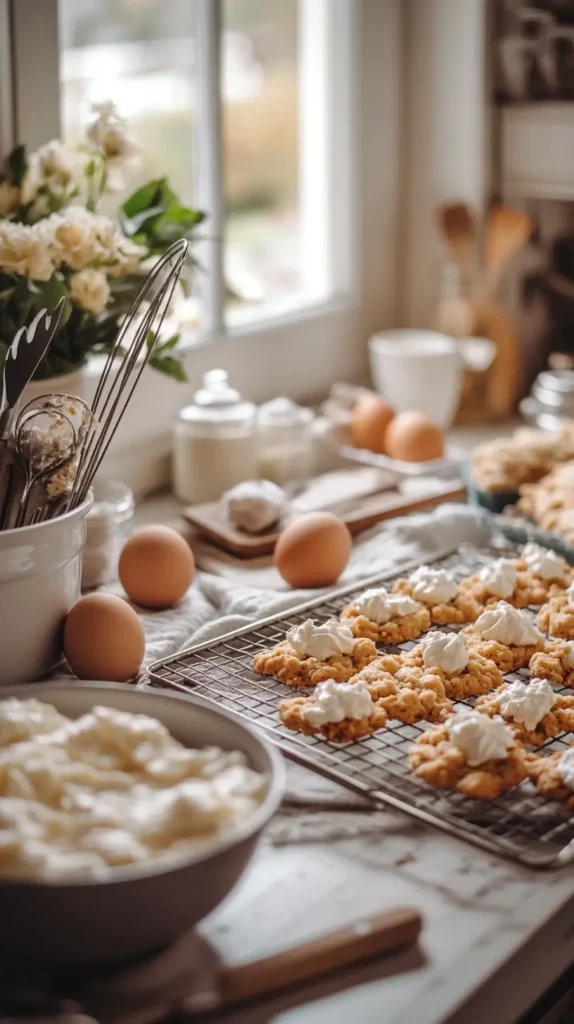 Whipped egg whites and golden cookies in a sunlit kitchen