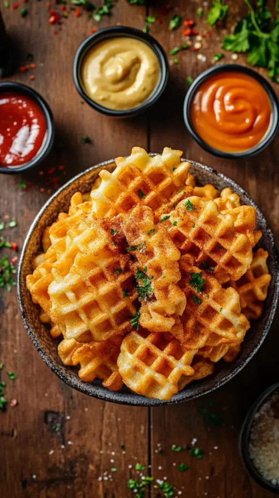 Waffle fries with an assortment of dipping sauces like ketchup, aioli, and cheese, served in a bowl