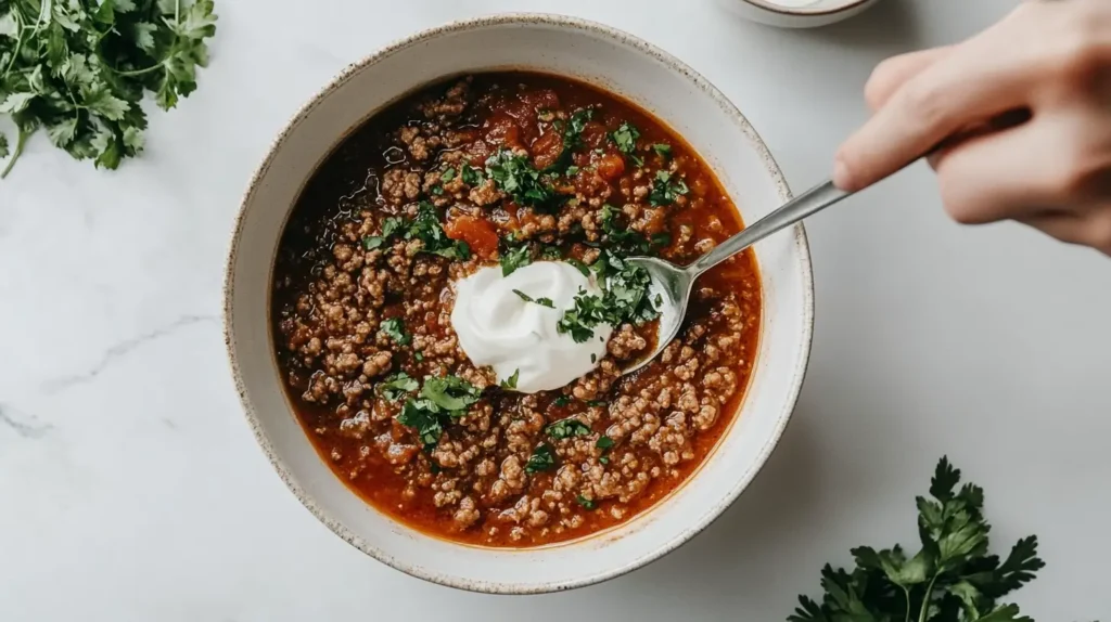 Ground beef in tomato sauce with mayo being added for a creamy Sloppy Joe mix