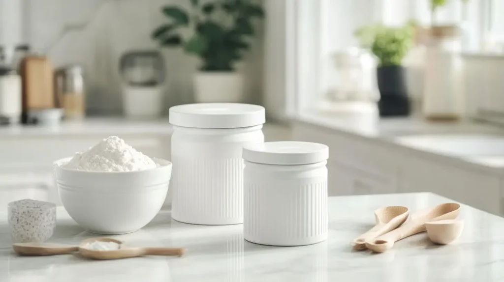 Baking soda and baking powder on a modern kitchen counter.