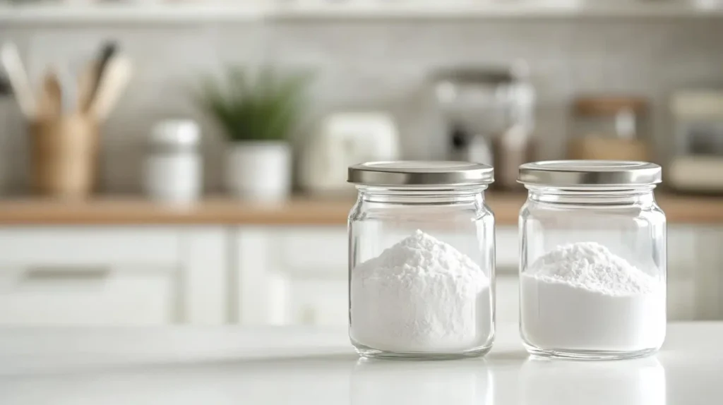 Glass jars labeled for baking soda and baking powder.