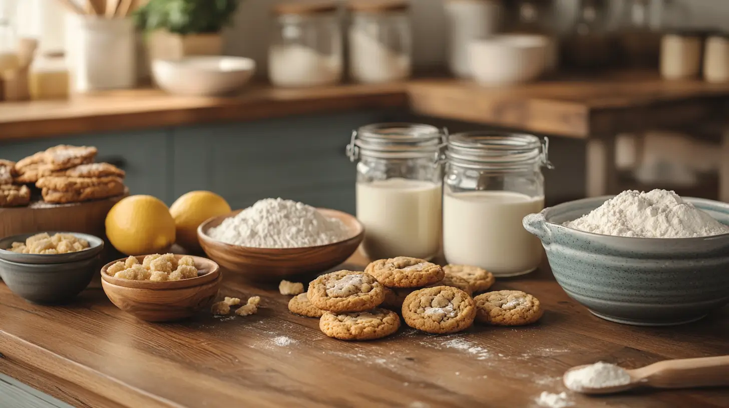 Rustic kitchen with baking soda, powder, and cookies