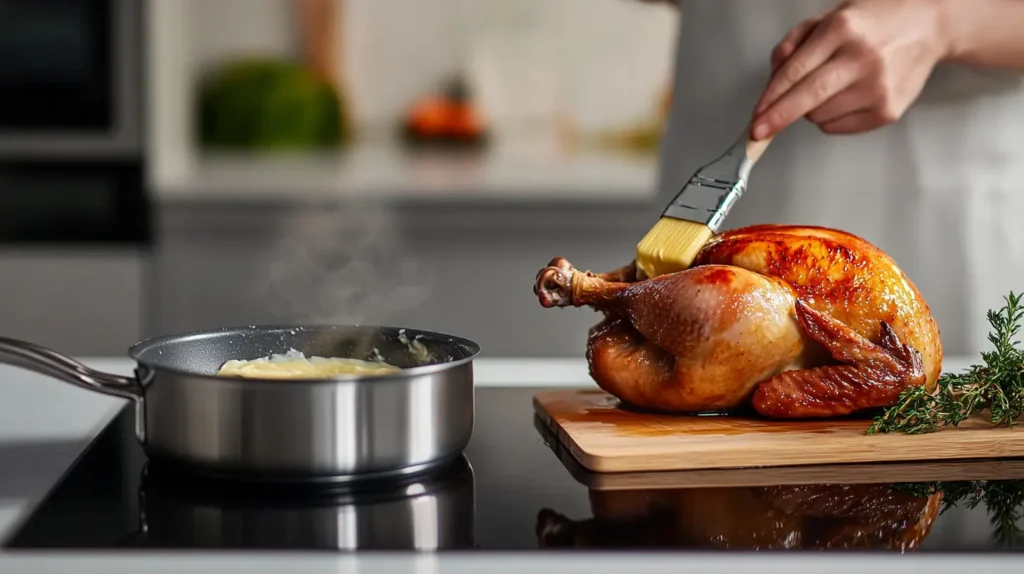 Butter basting a roasted chicken for added moisture