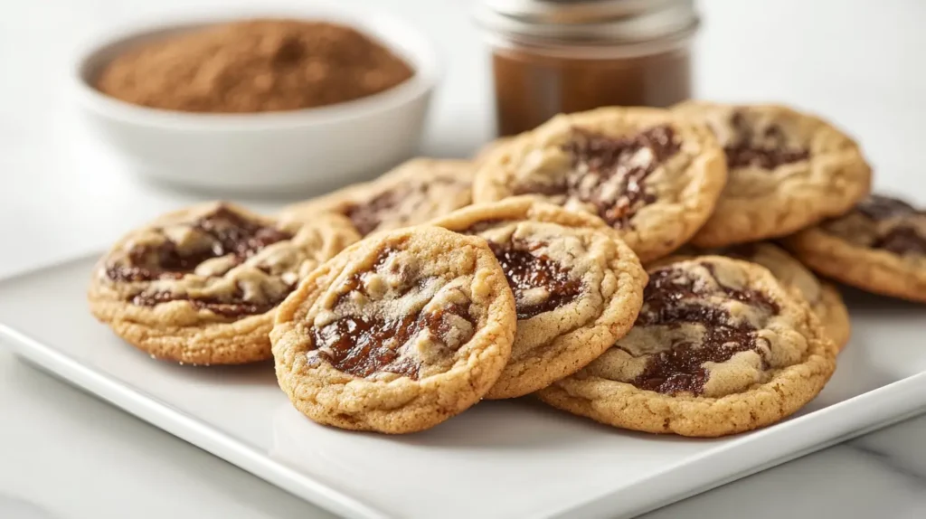 Cookies with caramelized edges on a white plate, with molasses and brown sugar in the background