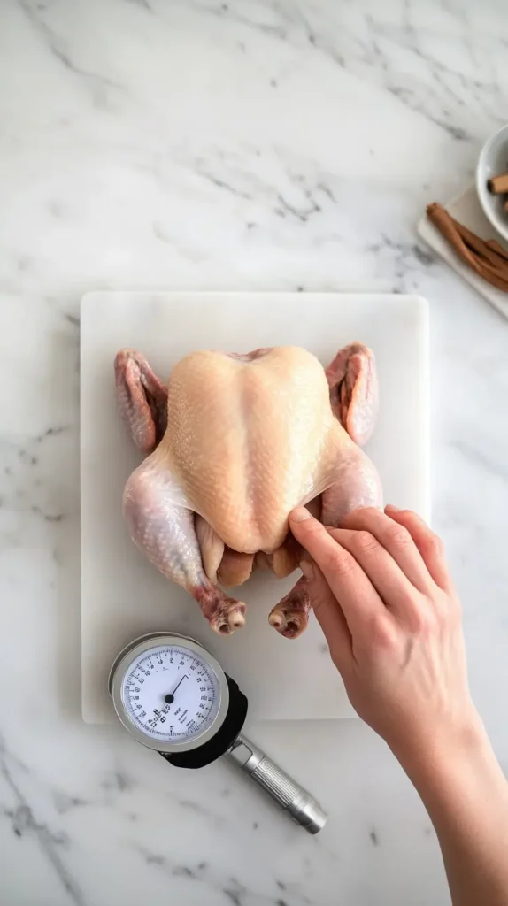 A hand pressing a thawed chicken breast on a white marble cutting board with a thermometer ensuring proper thawing