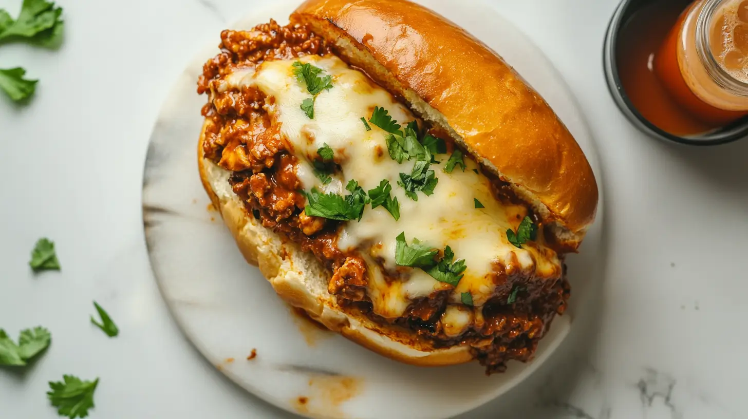 cheesy chicken sloppy joe with melted cheese on brioche bun on white marble plate