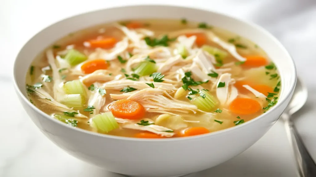 A bowl of chicken noodle soup with fresh vegetables and shredded chicken on a clean white marble surface