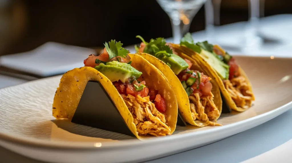 Chicken tacos filled with shredded chicken, salsa, and avocado, served on a white plate with a minimalist background