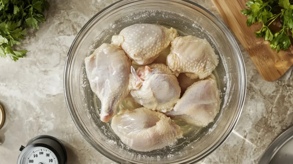 Chicken thawing in cold water with a timer nearby