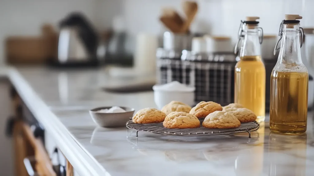 Freshly baked cookies with baking soda and vinegar on the counter.