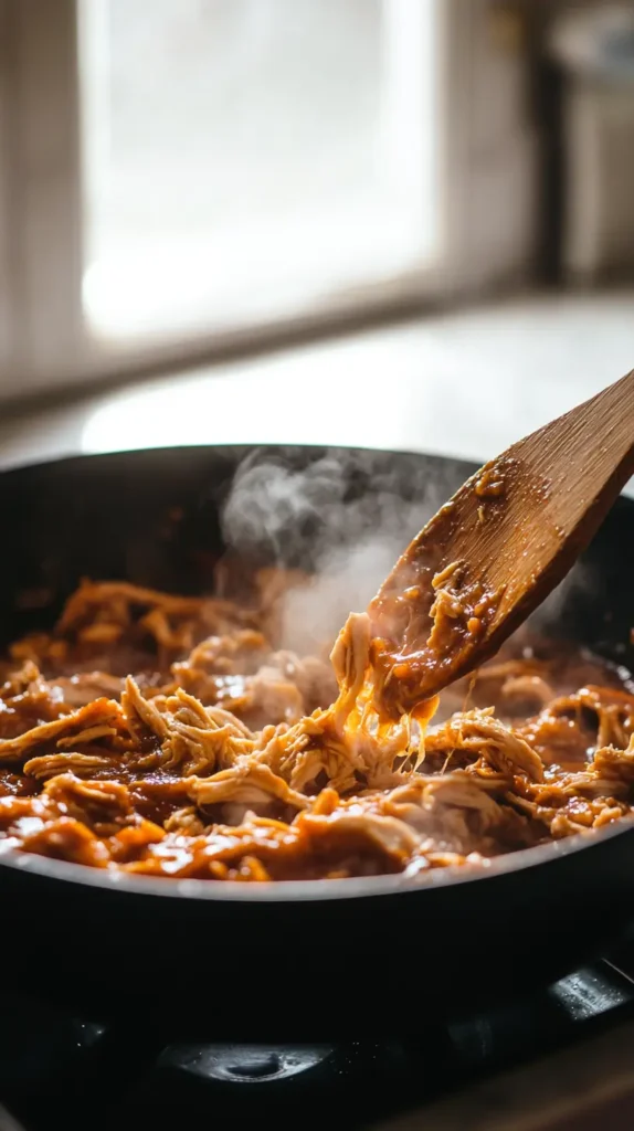 skillet with shredded chicken in barbecue sauce, sprinkled with cheese, and steam rising