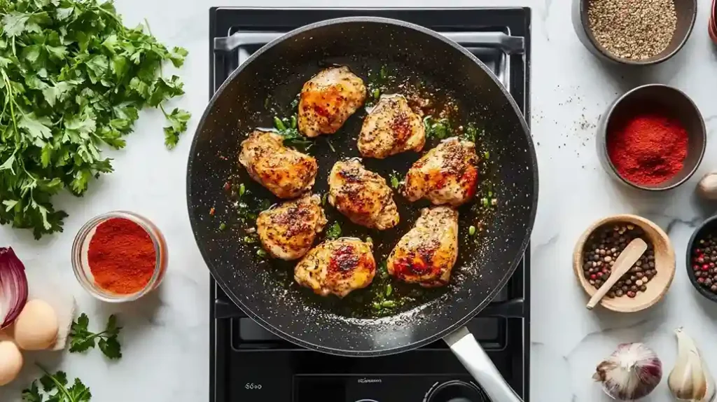 Galena chicken cooking in a skillet surrounded by fresh herbs and spices on a marble countertop.