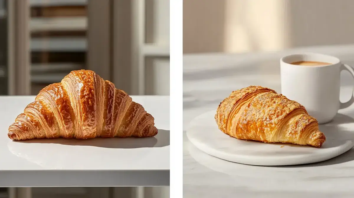A croissant and a gipfeli on a white marble table with a cup of coffee.