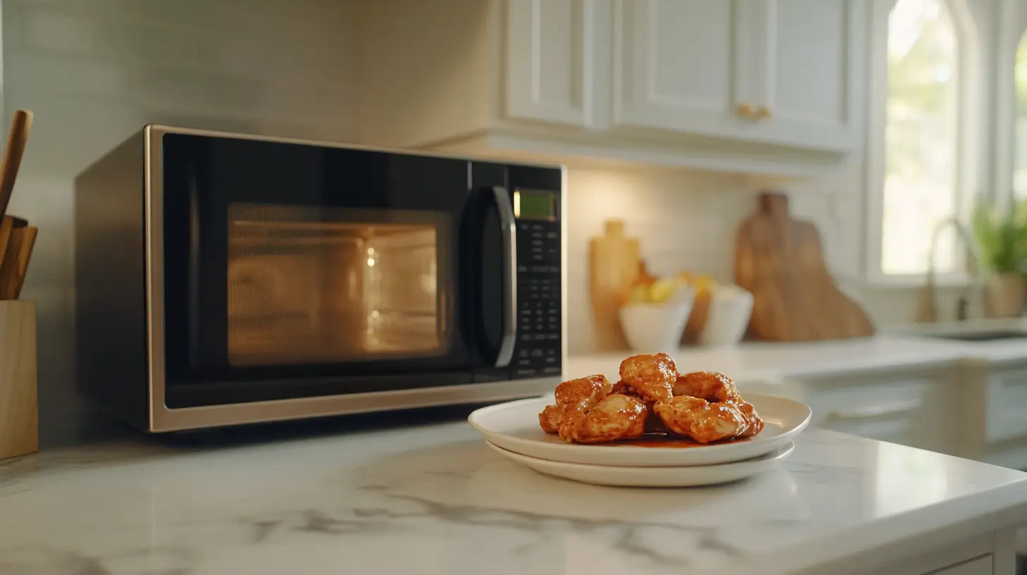 Defrosting chicken in a microwave on a clean, modern countertop