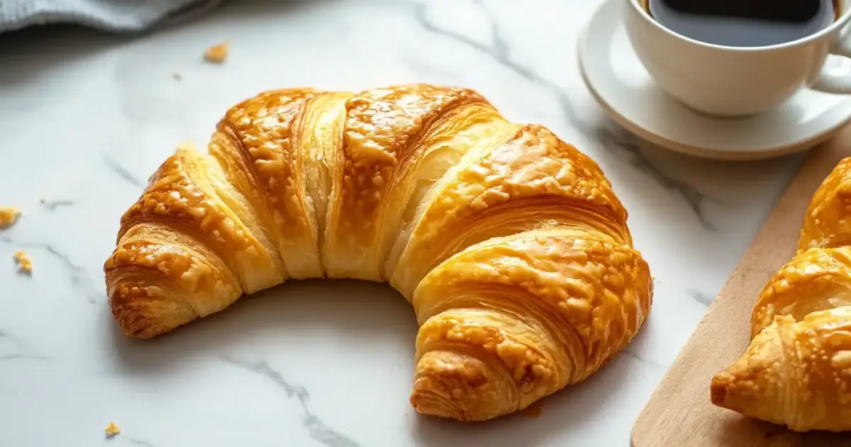 A flaky Swiss gipfeli pastry on a white marble surface with a cup of espresso.