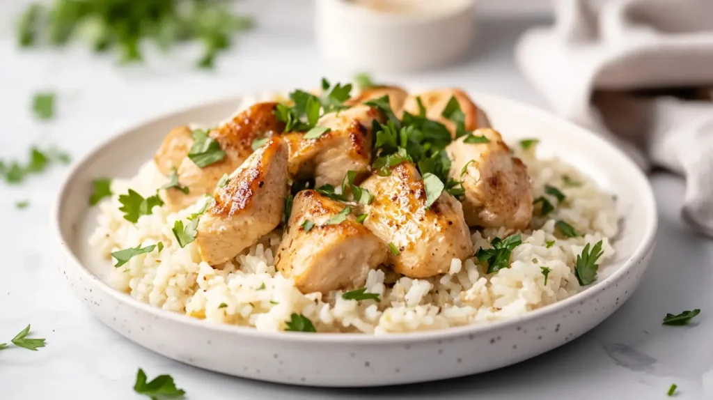 Tender chicken and creamy rice from the forgotten chicken recipe served on a modern plate, garnished with parsley