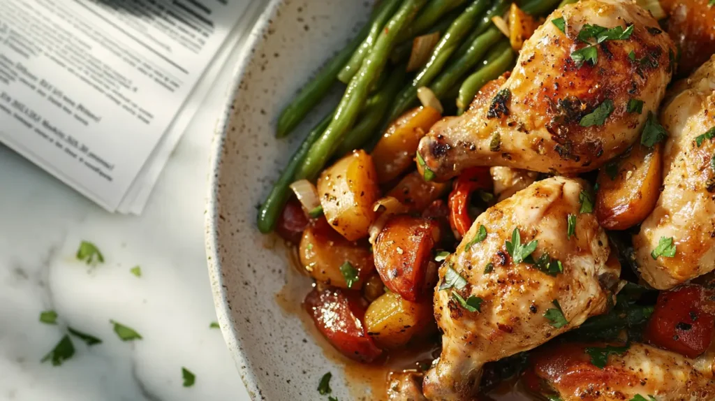 A serving of the forgotten chicken recipe with green beans, showcasing a balanced and nutritious meal