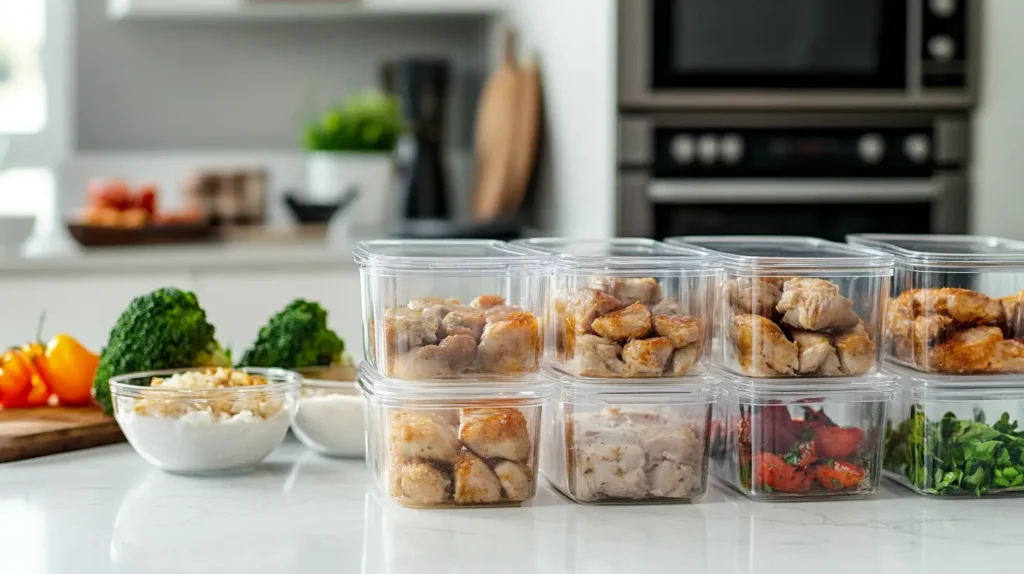 Airtight containers with leftover forgotten chicken recipe on a white marble countertop for easy storage and reheating